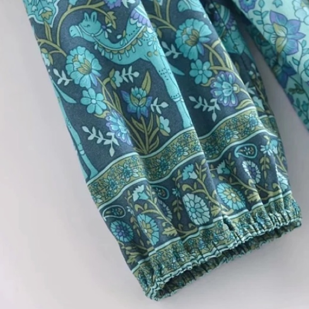 Bohemian Blue Floral Button Up Blouse Top - Picture 9 of 11